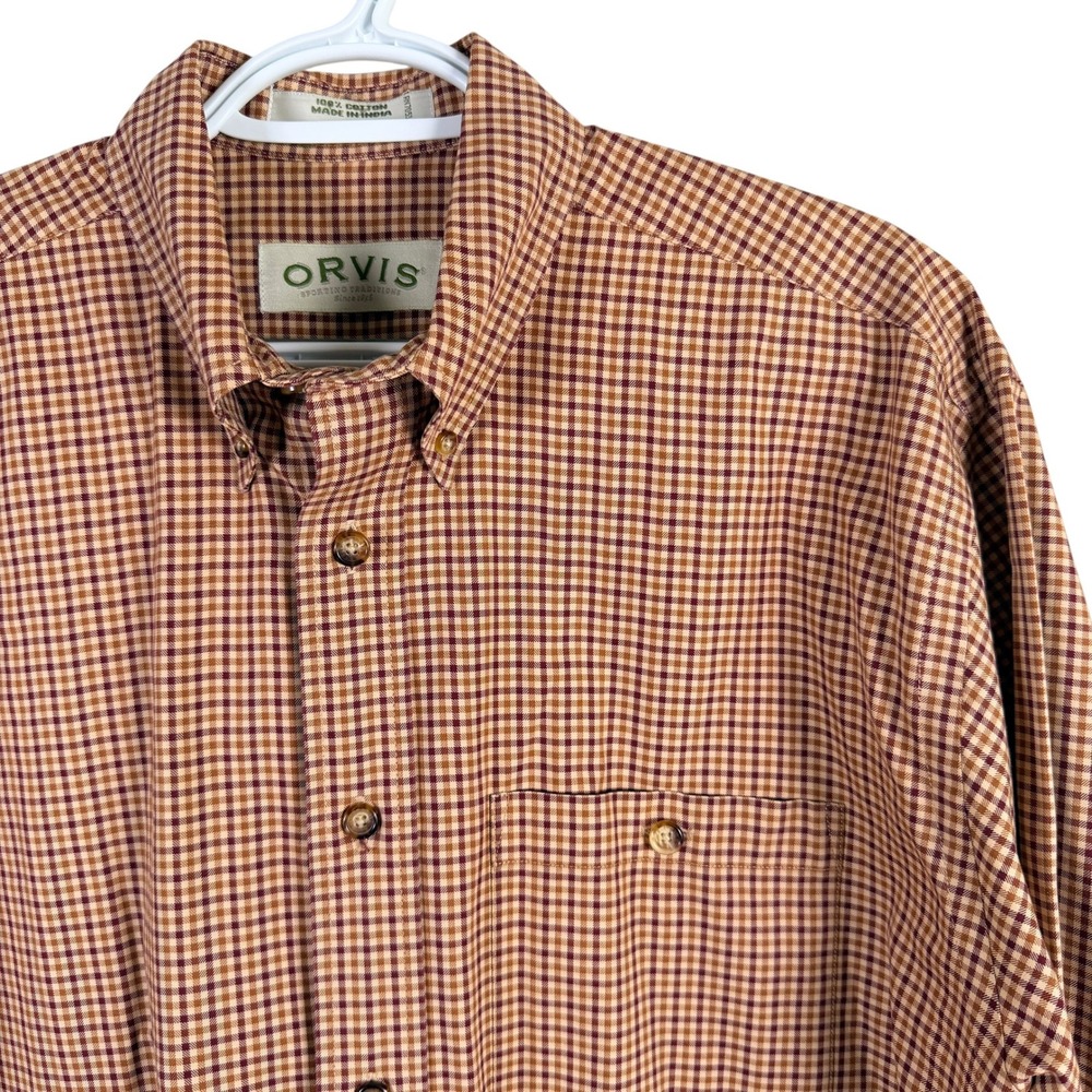 Orvis Button Down Shirt Mens M Brown Gingham Check Long Sleeve Cotton
